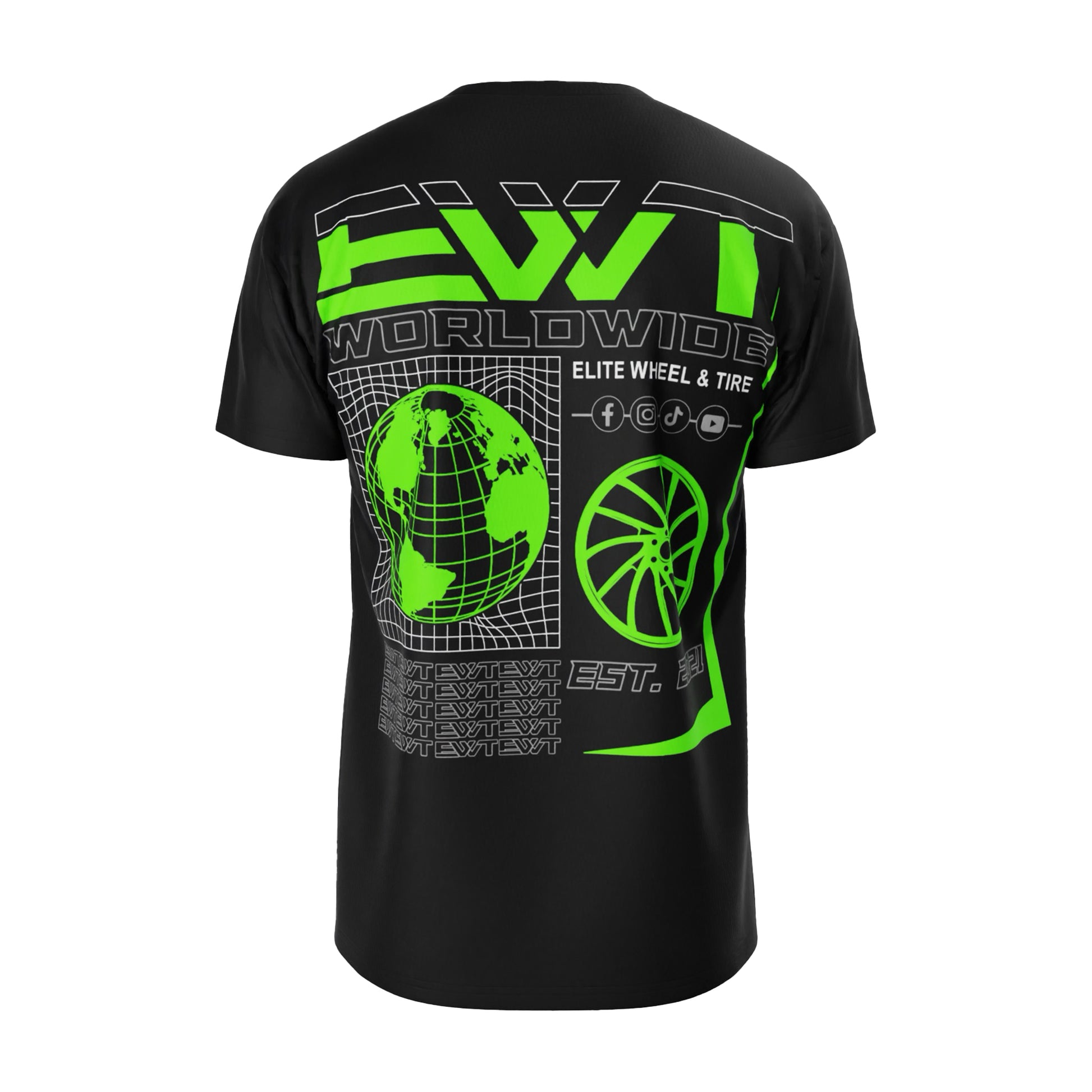 Black t-shirt with green and white graphics and text on a white background